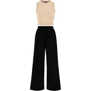 imagePRETTYGARDEN 2 Piece Sets for Women 2025 Summer Sleeveless Tank Ribbed Travel Beach Vacation Spring Lounge Wear OutfitsApricot Black