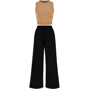 imagePRETTYGARDEN 2 Piece Sets for Women 2025 Summer Sleeveless Tank Ribbed Travel Beach Vacation Spring Lounge Wear OutfitsCamel Black