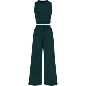 imagePRETTYGARDEN 2 Piece Sets for Women 2025 Summer Sleeveless Tank Ribbed Travel Beach Vacation Spring Lounge Wear OutfitsDark Green