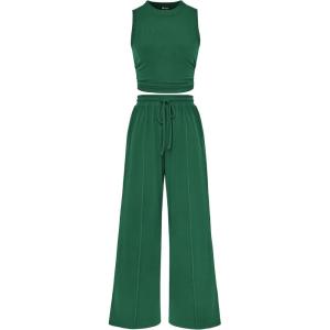 imagePRETTYGARDEN 2 Piece Sets for Women 2025 Summer Sleeveless Tank Ribbed Travel Beach Vacation Spring Lounge Wear OutfitsGreen