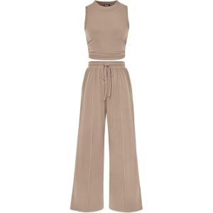 imagePRETTYGARDEN 2 Piece Sets for Women 2025 Summer Sleeveless Tank Ribbed Travel Beach Vacation Spring Lounge Wear OutfitsKhaki