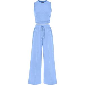 imagePRETTYGARDEN 2 Piece Sets for Women 2025 Summer Sleeveless Tank Ribbed Travel Beach Vacation Spring Lounge Wear OutfitsLight Blue