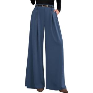 imagePRETTYGARDEN Womens Fall Wide Leg Trousers 2025 High Elastic Waist Loose Pleated Long Flowy Palazzo Work Pants with PocketsGrey Blue