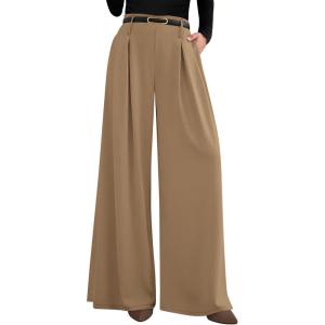 imagePRETTYGARDEN Womens Fall Wide Leg Trousers 2025 High Elastic Waist Loose Pleated Long Flowy Palazzo Work Pants with PocketsKhaki