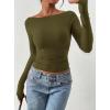 imagePRETTYGARDEN Long Sleeve Shirts for Women 2025 Fall Ruched Sides Boat Neck Basic Tee Casual Fitted Ribbed Knit Crop TopsArmy Green