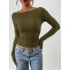 imagePRETTYGARDEN Long Sleeve Shirts for Women 2025 Fall Ruched Sides Boat Neck Basic Tee Casual Fitted Ribbed Knit Crop TopsArmy Green
