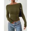 imagePRETTYGARDEN Long Sleeve Shirts for Women 2025 Fall Ruched Sides Boat Neck Basic Tee Casual Fitted Ribbed Knit Crop TopsArmy Green