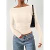 imagePRETTYGARDEN Long Sleeve Shirts for Women 2025 Fall Ruched Sides Boat Neck Basic Tee Casual Fitted Ribbed Knit Crop TopsBeige