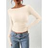 imagePRETTYGARDEN Long Sleeve Shirts for Women 2025 Fall Ruched Sides Boat Neck Basic Tee Casual Fitted Ribbed Knit Crop TopsBeige