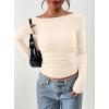 imagePRETTYGARDEN Long Sleeve Shirts for Women 2025 Fall Ruched Sides Boat Neck Basic Tee Casual Fitted Ribbed Knit Crop TopsBeige