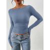 imagePRETTYGARDEN Long Sleeve Shirts for Women 2025 Fall Ruched Sides Boat Neck Basic Tee Casual Fitted Ribbed Knit Crop TopsBlue Grey