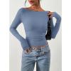 imagePRETTYGARDEN Long Sleeve Shirts for Women 2025 Fall Ruched Sides Boat Neck Basic Tee Casual Fitted Ribbed Knit Crop TopsBlue Grey
