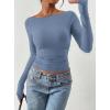 imagePRETTYGARDEN Long Sleeve Shirts for Women 2025 Fall Ruched Sides Boat Neck Basic Tee Casual Fitted Ribbed Knit Crop TopsBlue Grey