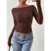 imagePRETTYGARDEN Long Sleeve Shirts for Women 2025 Fall Ruched Sides Boat Neck Basic Tee Casual Fitted Ribbed Knit Crop TopsBrown