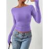 imagePRETTYGARDEN Long Sleeve Shirts for Women 2025 Fall Ruched Sides Boat Neck Basic Tee Casual Fitted Ribbed Knit Crop TopsPurple Grey