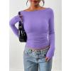 imagePRETTYGARDEN Long Sleeve Shirts for Women 2025 Fall Ruched Sides Boat Neck Basic Tee Casual Fitted Ribbed Knit Crop TopsPurple Grey