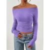 imagePRETTYGARDEN Long Sleeve Shirts for Women 2025 Fall Ruched Sides Boat Neck Basic Tee Casual Fitted Ribbed Knit Crop TopsPurple Grey