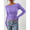 imagePRETTYGARDEN Long Sleeve Shirts for Women 2025 Fall Ruched Sides Boat Neck Basic Tee Casual Fitted Ribbed Knit Crop TopsPurple Grey