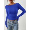 imagePRETTYGARDEN Long Sleeve Shirts for Women 2025 Fall Ruched Sides Boat Neck Basic Tee Casual Fitted Ribbed Knit Crop TopsRoyal Blue