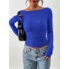 imagePRETTYGARDEN Long Sleeve Shirts for Women 2025 Fall Ruched Sides Boat Neck Basic Tee Casual Fitted Ribbed Knit Crop TopsRoyal Blue