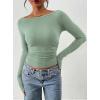 imagePRETTYGARDEN Long Sleeve Shirts for Women 2025 Fall Ruched Sides Boat Neck Basic Tee Casual Fitted Ribbed Knit Crop TopsSage Green