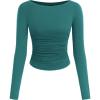 imagePRETTYGARDEN Long Sleeve Shirts for Women 2025 Fall Ruched Sides Boat Neck Basic Tee Casual Fitted Ribbed Knit Crop TopsLake Blue