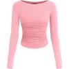 imagePRETTYGARDEN Long Sleeve Shirts for Women 2025 Fall Ruched Sides Boat Neck Basic Tee Casual Fitted Ribbed Knit Crop TopsLight Pink
