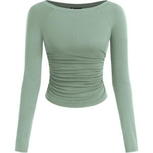 imagePRETTYGARDEN Long Sleeve Shirts for Women 2025 Fall Ruched Sides Boat Neck Basic Tee Casual Fitted Ribbed Knit Crop TopsSage Green