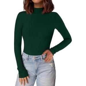 imagePRETTYGARDEN Womens Turtleneck Long Sleeve Shirts 2025 Fall Basic Tees Ribbed Fitted Tops Thermal Layering Knit Top ClothesDark Green