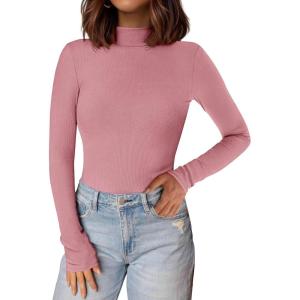 imagePRETTYGARDEN Womens Turtleneck Long Sleeve Shirts 2025 Fall Basic Tees Ribbed Fitted Tops Thermal Layering Knit Top ClothesPink