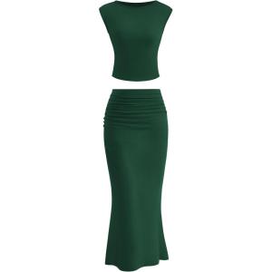 imagePRETTYGARDEN Skirt Sets Women 2 Piece Outfits Summer Outfits 2025 Going Out Crop Tops Long Maxi Skirts Beach Vacation ClothesDark Green