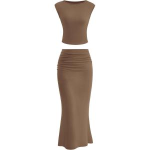 imagePRETTYGARDEN Skirt Sets Women 2 Piece Outfits Summer Outfits 2025 Going Out Crop Tops Long Maxi Skirts Beach Vacation ClothesKhaki