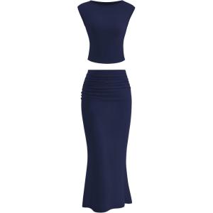 imagePRETTYGARDEN Skirt Sets Women 2 Piece Outfits Summer Outfits 2025 Going Out Crop Tops Long Maxi Skirts Beach Vacation ClothesNavy