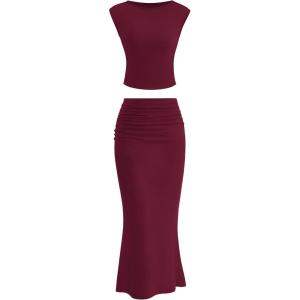 imagePRETTYGARDEN Skirt Sets Women 2 Piece Outfits Summer Outfits 2025 Going Out Crop Tops Long Maxi Skirts Beach Vacation ClothesWine Red