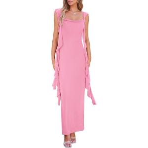 imagePRETTYGARDEN Womens 2025 Summer Wedding Guest Dress Sleeveless Ruffle Formal Cocktail Party Maxi Bodycon DressesPink