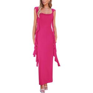 imagePRETTYGARDEN Womens 2025 Summer Wedding Guest Dress Sleeveless Ruffle Formal Cocktail Party Maxi Bodycon DressesRose Red