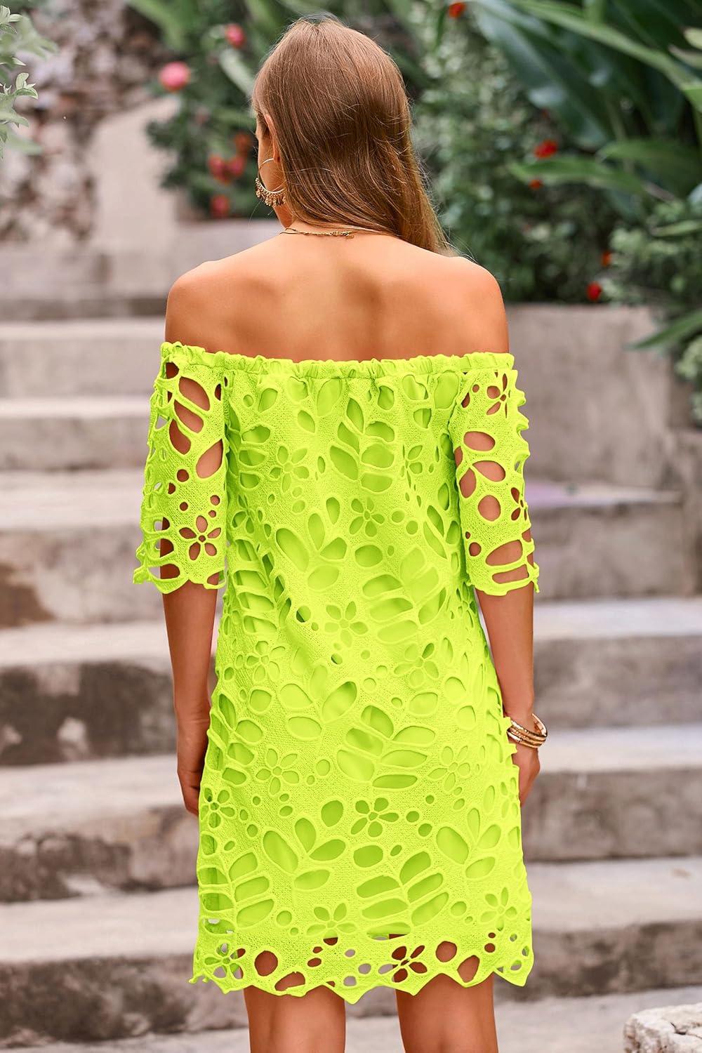 imagePRETTYGARDEN Womens Summer Off Shoulder Dresses Floral Lace Flare Short Sleeve Spring Vintage Elegant Mini DressFluorescent Green