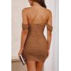 imagePRETTYGARDEN Cocktail Dresses 2025 Summer Off Shoulder Sexy Bodycon Ruched Mesh Graduation Wedding Guest Mini Short DressBrown