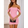 imagePRETTYGARDEN Cocktail Dresses 2025 Summer Off Shoulder Sexy Bodycon Ruched Mesh Graduation Wedding Guest Mini Short DressPink