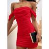 imagePRETTYGARDEN Cocktail Dresses 2025 Summer Off Shoulder Sexy Bodycon Ruched Mesh Graduation Wedding Guest Mini Short DressRed
