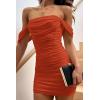 imagePRETTYGARDEN Cocktail Dresses 2025 Summer Off Shoulder Sexy Bodycon Ruched Mesh Graduation Wedding Guest Mini Short DressRust Red