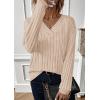 imagePRETTYGARDEN Fall Fashion 2025 Long Sleeve Shirts for Women Ribbed Knit V Neck Dressy Casual Lightweight Sweaters Tunic TopsBeige