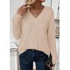imagePRETTYGARDEN Fall Fashion 2025 Long Sleeve Shirts for Women Ribbed Knit V Neck Dressy Casual Lightweight Sweaters Tunic TopsBeige