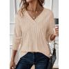 imagePRETTYGARDEN Fall Fashion 2025 Long Sleeve Shirts for Women Ribbed Knit V Neck Dressy Casual Lightweight Sweaters Tunic TopsBeige