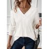 imagePRETTYGARDEN Fall Fashion 2025 Long Sleeve Shirts for Women Ribbed Knit V Neck Dressy Casual Lightweight Sweaters Tunic TopsWhite