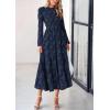 imagePRETTYGARDEN Long Sleeve Dress for Women 2025 Fall Elegant Modest Floral Boho Smocked Flowy Wedding Guest Midi DressesNavy