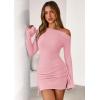 imagePRETTYGARDEN Long Sleeve Dress for Women Early Fall Fashion 2025 Cocktail Party Bodycon Off The Shoulder Mini Ruched DressesPink