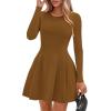 imagePRETTYGARDEN Long Sleeve Mini Dress for Women 2025 Fall Crewneck Knit Pleated Babydoll A Line Soft Casual Short Party DressesCoffee