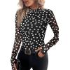 imagePRETTYGARDEN Womens 2025 Fall Mesh Floral Blouses Long Sleeve Going Out Tops Slim Fitted Shirts Date Night Outfits01 Dot Black White