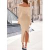imagePRETTYGARDEN Womens 2025 Fall Sweater Dress Long Sleeve Off Shoulder Slit Maxi Bodycon Cocktail Party DressesApricot